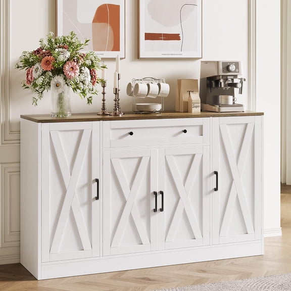 Buffet Cabinet with Storage, 55" Large Sideboard Storage Cabinet with Drawer, 4 Doors and Shelves, Modern Farmhouse Coffee Bar Table Kitchen Island Credenza for Kitchen, Entryway, Dining, Living Room