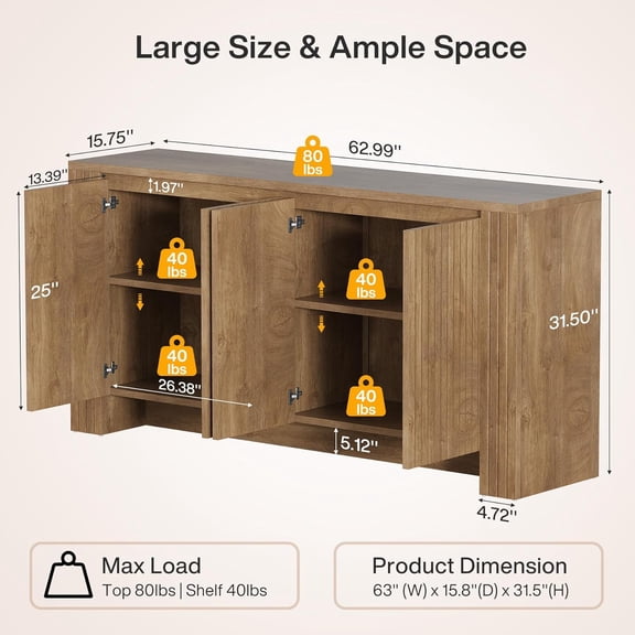Buffet Cabinet with Storage, 63-Inch Fluted Sideboard Cabinet, Coffee Bar Cabinet with Adjustable Shelves, Mid Modern Credenza for Kitchen, Living Room, Rustic Brown
