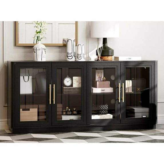 Buffet Cabinet with Storage,63" Large Sideboard,Modern, Black, 4 Glass Doors, Glass Display Cabinet,Credenza Coffee Bar,Buffet Table for Kitchen, Dining, Living Room