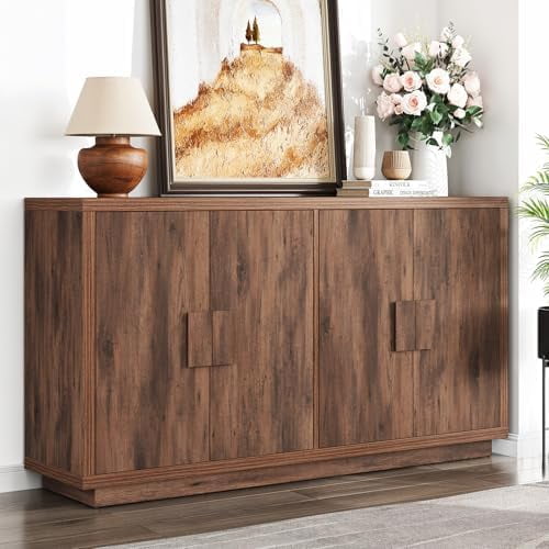 Buffet Cabinet with Storage, 63" Sideboard Cabinet with 4 Doors & Shelves, Wooden Kitchen Coffee Bar Cabinet Credenza Storage Cabinet for Living Room, Hallway (63" Wide)