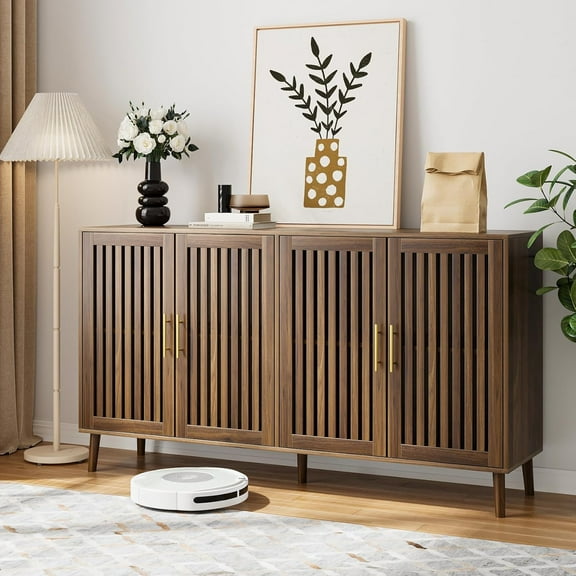 Buffet Cabinet with Storage, 63" Walnut Sideboard with Grille Doors&Adjustable Shelf, Wood Coffee Bar Storage Cabinet for Kitchen Living Room Entryway