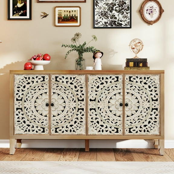 Buffet Cabinet with Storage, Accent Cabinet with 4 Carved Doors, Solid Wood Sideboard with Adjustable Shelf, Vintage Cabinets for Kitchen, Living Room, Entryway, White