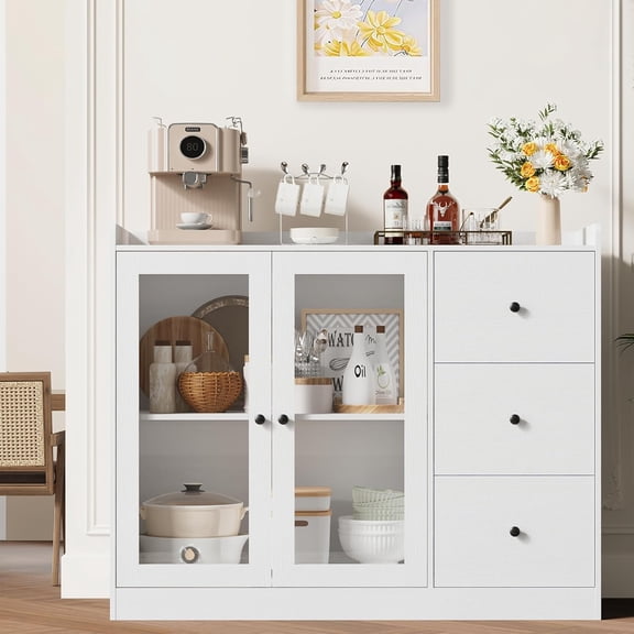 Buffet Cabinet with Storage,Buffet Cabinet with Storage 43" Coffee Bar Cabinet 43" Modern Sideboard Kitchen Cabinet with Guardrail Design & Adjustable Shelves & 3 Drawers, Wood Buffet Table for Kitche