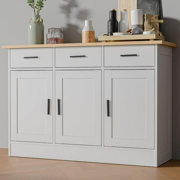 Buffet Cabinet with Storage - Buffets & Sideboards Kitchen Storage Cabinet, Wood Console Table Coffee Bar Accent Cabinets for Living Room Dining Room Entryway White Large 3 Doors & Drawers