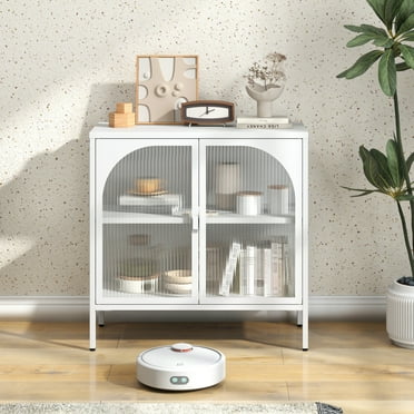 Buffet Cabinet, Storage Cabinet with 2 Glass Doors and Shelves, Metal Accent Cabinet Sideboard White Console Cabinet with Storage Entryway Cabinet for Living Room, Dining Room, Hallway, White