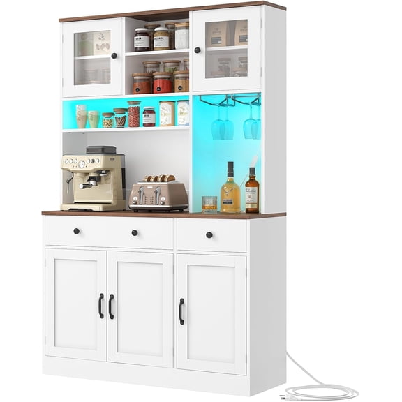 Buffet Cabinet with Storage & Charging Station, 72" Farmhouse Coffee Cabinet with Compartment Drawer, Sideboard Cabinets with Door and Adjustable Shelves for Kitchen, White