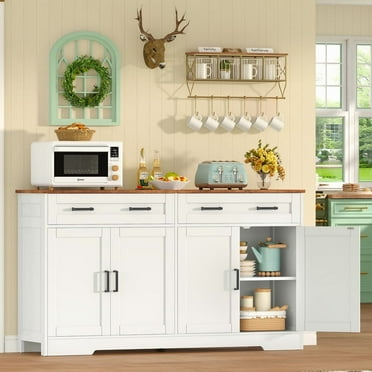 Buffet Cabinet with Storage and Drawers, 55" Sideboard Buffet Cabinet with Adjustable Shelves and Doors, Modern Farmhouse Coffee Bar for Kitchen, Dining Room, White