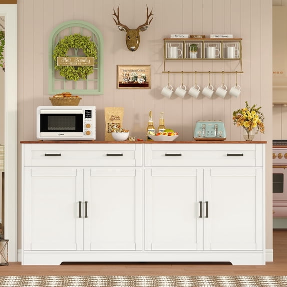 Buffet Cabinet with Storage and Drawers, 63" Large Sideboard Buffet Cabinet with Adjustable Shelves and Doors, Modern Farmhouse Coffee Bar for Kitchen, Dining Room, White