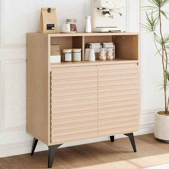 Buffet Cabinet with Storage - Elegant Fluted Storage Cabinet with Adjustable Shelves and Wood Leg, Modern Buffet Sideboard for Living Room, Dining Room, Entryway