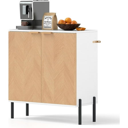 Buffet Cabinet with Storage, Kitchen Sideboard with Shelf, Modern Credenza for Living Room, Small Accent Cabinet with Doors for Dining Room, 14.5" D x 27.5" W x 31" H (1, White & Natural)