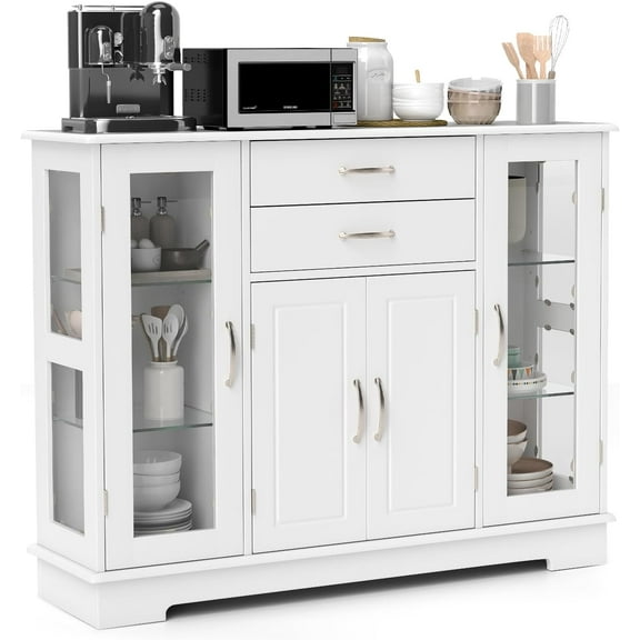 Buffet Cabinet with Storage, Kitchen Sideboard with Tempered Glass Doors, 2 Drawers, Adjustable Shelves, Credenzas for Living Room, Modern Sidebar Cabinet Buffet, 12"D x 42"W x 32"H (White)