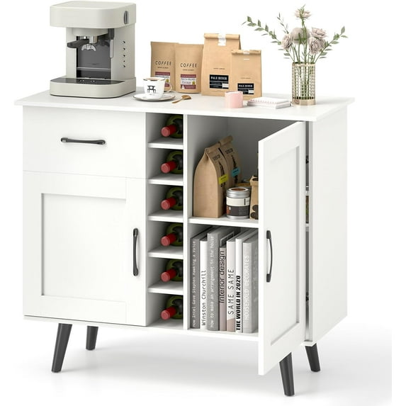 Buffet Cabinet with Storage, Liquor Cabinet w/ 6-Bottle Wine Rack, 1 Drawer & 2 Doors, Wood Buffets & Sideboards, Farmhouse Coffee Bar Table for Kitchen, Dining Living Room, Entryway (Black)