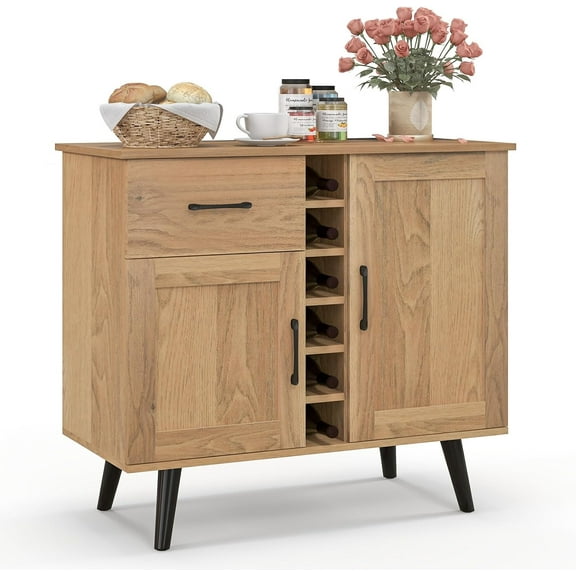 Buffet Cabinet with Storage, Liquor Cabinet w/ 6-Bottle Wine Rack, 1 Drawer & 2 Doors, Wood Buffets & Sideboards, Farmhouse Coffee Bar Table for Kitchen, Dining Living Room, Entryway (Black)