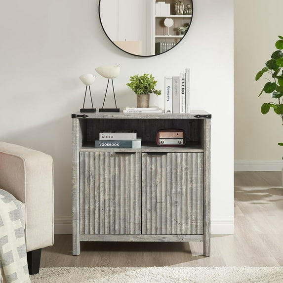 Buffet Cabinet with Storage - Modern Farmhouse Rustic 32 Fluted Sideboard Storage Cabinet Buffet with Adjustable Shelves, Coffee Wine Bar Organizer for Dining Room (Grey)