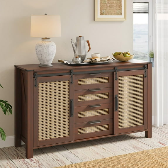 Buffet Cabinet with Storage, Rattan Sideboard Cabinet with Sliding Barn Doors/Adjustable Shelves and 4 Drawers, Farmhouse Coffee Bar Table for Dining Room, Brown