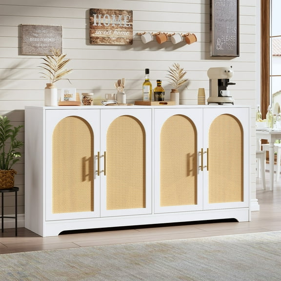 Buffet Cabinet with Storage, Rattan Storage Cabinet with 4 Doors, Modern Accent Sideboard with Sturdy Wood Feet, for Living Room, Dining Room, Entryway