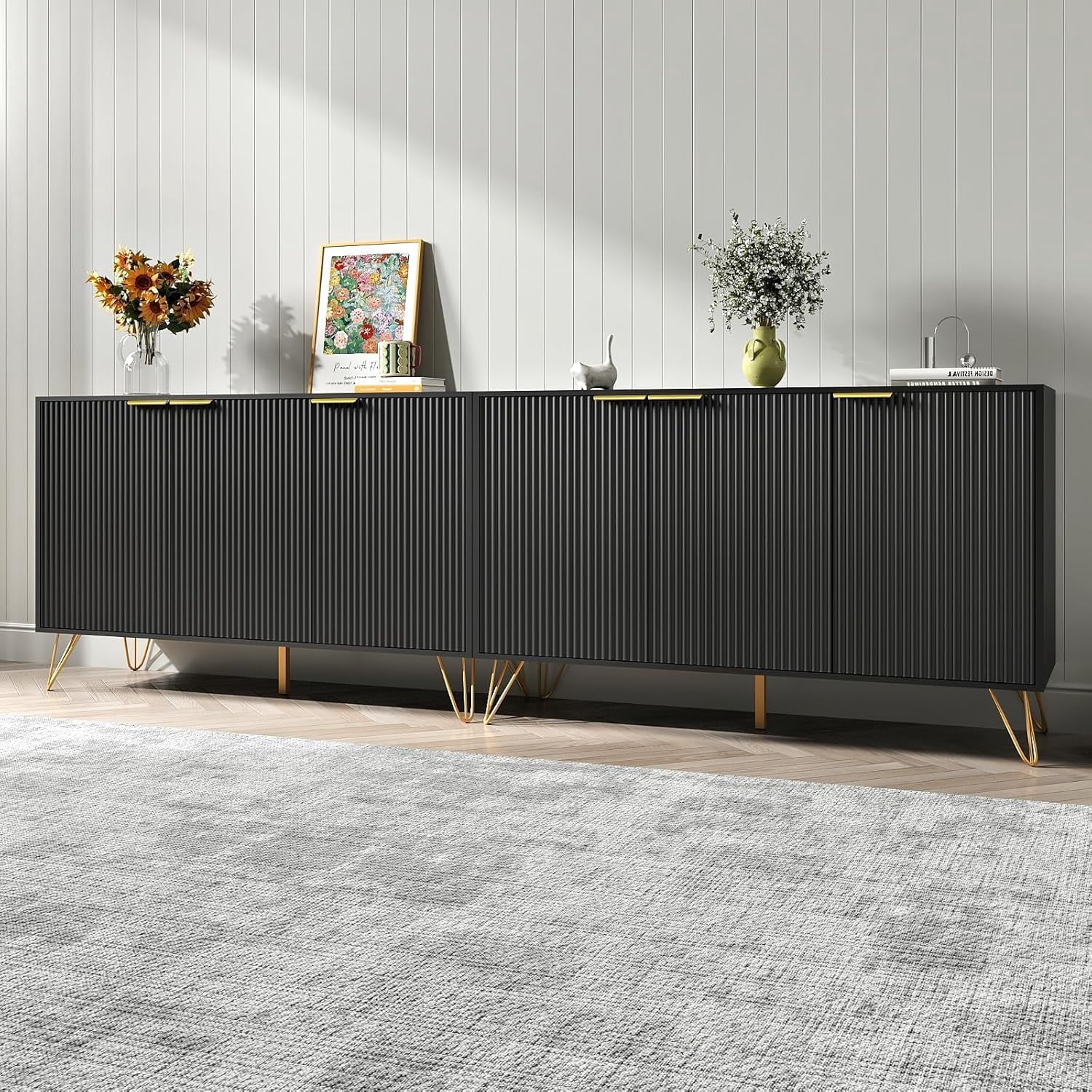 Buffet Cabinet Set Of 2 With Storage – 3 Doors, Adjustable Shelves, Metal Legs, For Kitchen, Dining Or Living Room, Black