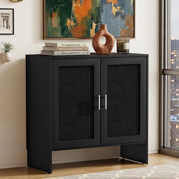 Buffet Cabinet with Storage,  Sideboard with Black Rattan Doors & Adjustable Shelf, 31.5" Narrow Coffee Bar Cabinet, Kitchen Storage Credenza, Entryway Accent  Cabinet