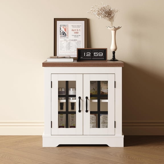 Buffet Cabinet with Storage, Sideboard Buffet with Glass Doors, Built-in Power Outlet, Elegant Walnut Top Plate, for Kitchen, Coffee Bar, Pantry, Living Room