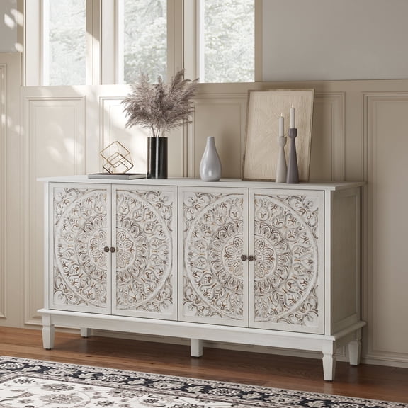 Buffet Cabinet with Storage, Solid Wood Sideboard with 4 Carved Doors, Accent Cabinet with Adjustable Shelf, Vintage Farmhouse Console Table for Kitchen, Living Room, Entryway