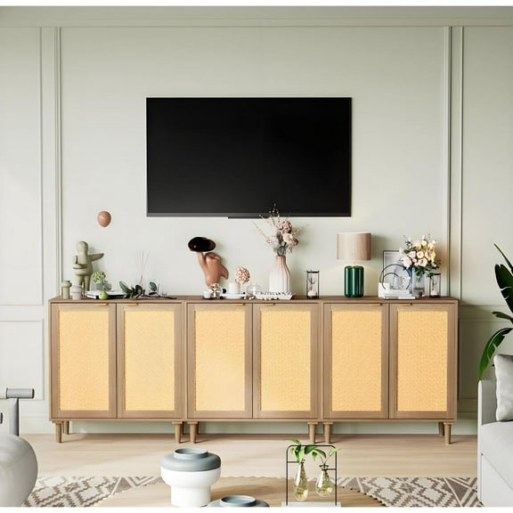 Buffet Cabinet with Storage, Storage Cabinet with 2 Rattan Decor Doors, Farmhouse Accent Cupboard Console Table for Kitchen Dining Room Pantry & Entryway, Brown, 3Pack