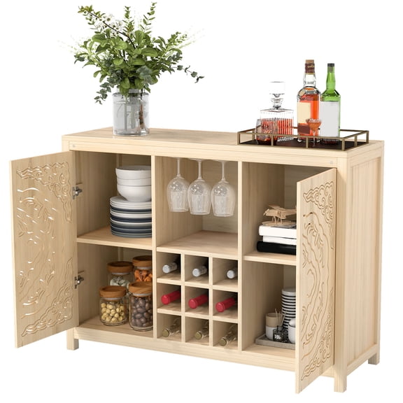 Buffet Cabinet, Wine Bar Cabinet Movable 9 Slot Wine Rack 2 Doors For Kitchen