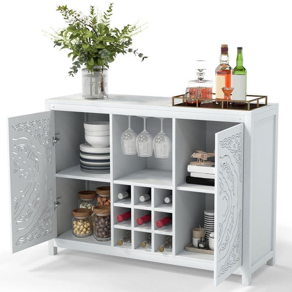 Buffet Cabinet, Wine Bar Cabinet Movable 9 Slot Wine Rack 2 Doors  For Kitchen