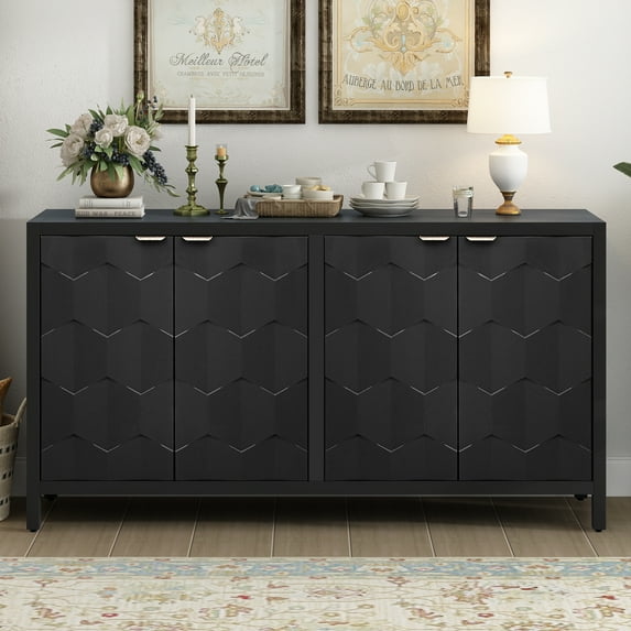 Buffet Cabinet With Storage, Wood Accent Sideboard with 4 Honeycomb Pattern Designed Doors, Console Cabinet, Kitchen Buffet Storage Cabinet For Entryway, Hallway