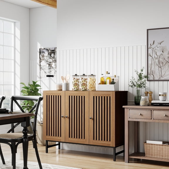 Buffet Cabinet, Wood 3 Doors Credenza Storage Sideboard with Adjustable Shelves, Hollow-Out Design Doors and Metal Base, 40 Inch TV Stand, Modern Console Table for Kitchen, Living Room, Enterway