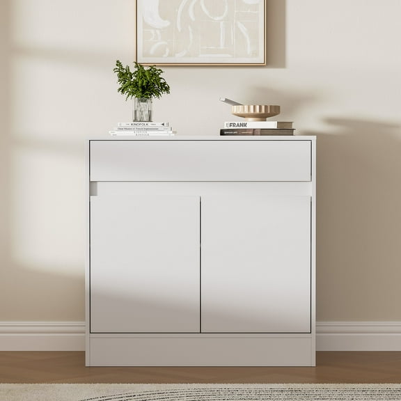 Buffet Cabinet with 2 Doors and Drawer, Modern Kitchen Buffet Sideboard, Coffee Bar Cabinet with Adjustable Shelf for Living Room, Kitchen, White