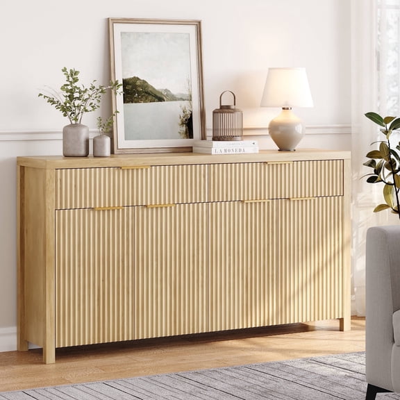 Buffet Cabinet with Storage, 55" Sideboard Storage Cabinet with Fluted Panel Doors & 2 Drawers, Adjustable Shelves for Kitchen, TV Stands for Living Room, Entryway, Natural Oak