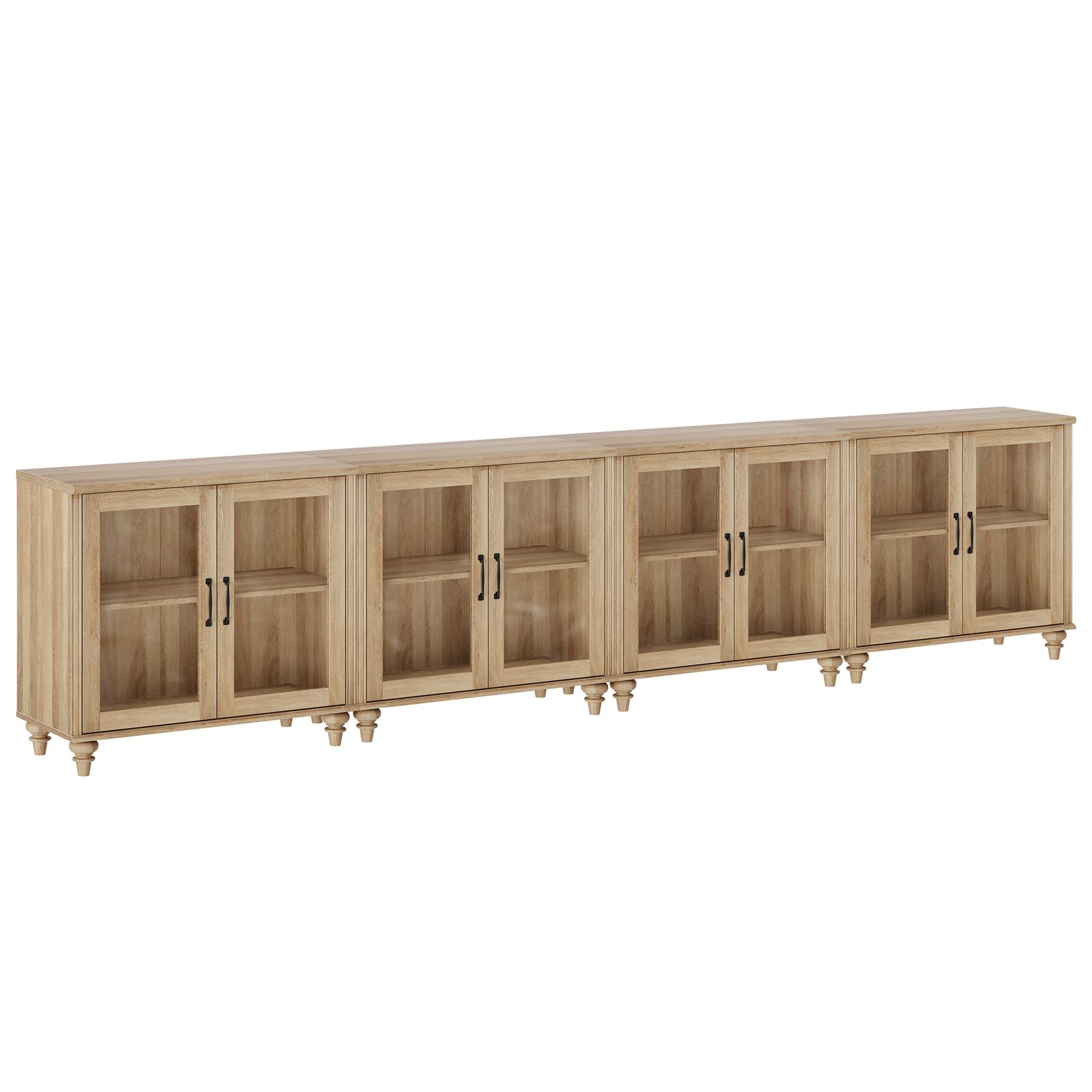 Buffet Cabinet with 8 Glass Doors, Kitchen Storage Cabinets with Adjustable Shelf, 135 inch, Oak