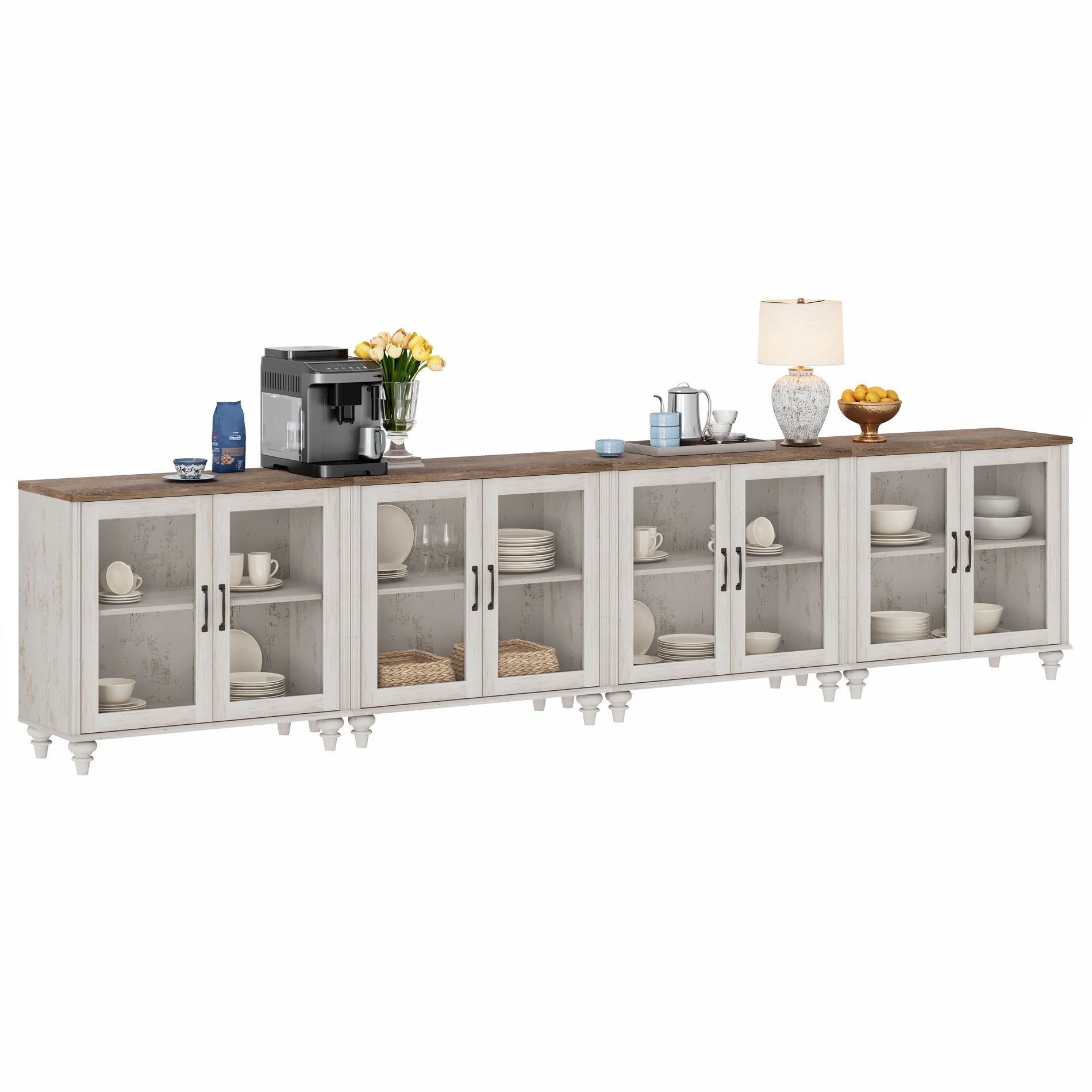 Buffet Cabinet with 8 Glass Doors, Kitchen Storage Cabinets with Adjustable Shelf, 135 inch, Rustic White