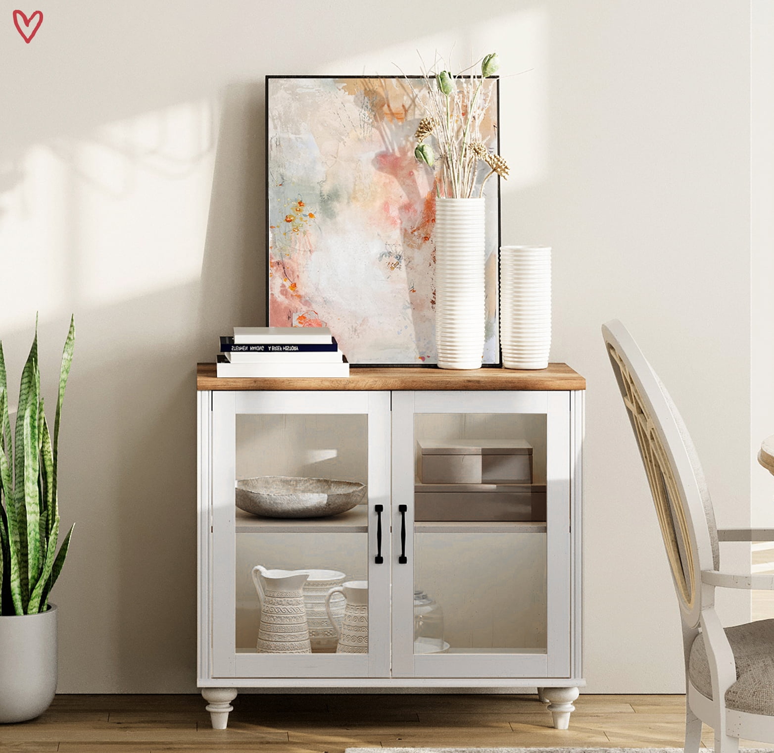 Buffet Cabinet with Glass Door, Kitchen Sideboard with 2 Storage & Adjustable Shelf, Modern Glass Entryway Table or Living Room Dining Room,  White
