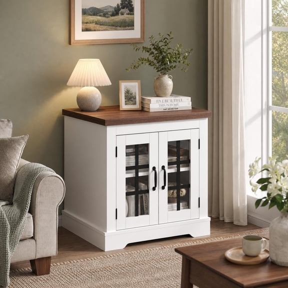 Buffet Cabinet with Glass Doors & Built-in Power Outlet, Walnut Top Sideboard for Kitchen Coffee Bar Pantry Living Room