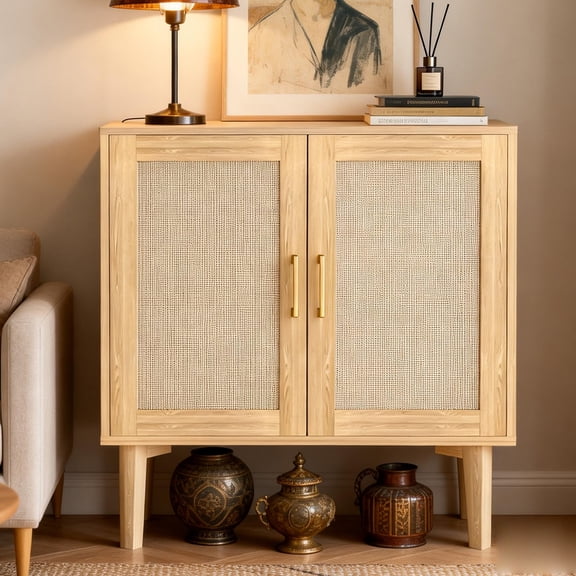 Buffet Cabinet with Rattan Decor Doors Solid Wood