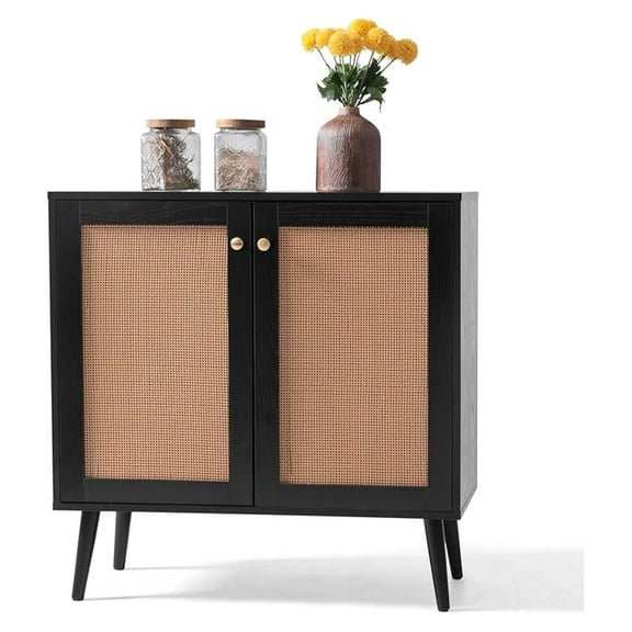 Buffet Cabinet with Rattan Doors - Black Sideboard Storage for Kitchen, Living Room - Adjustable Shelves, Modern Accent Cabinet