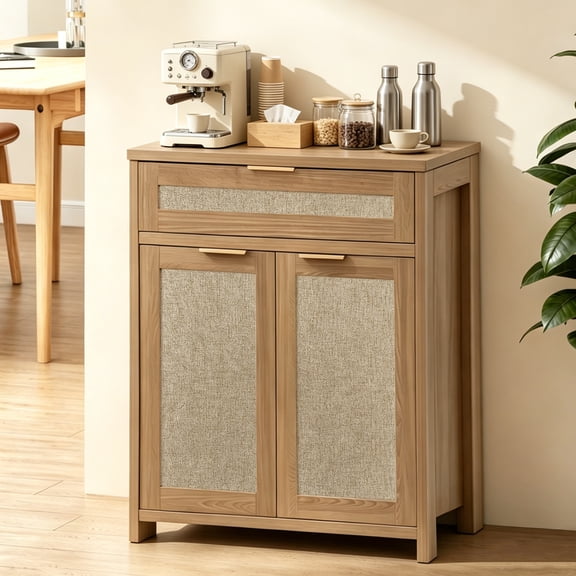Buffet Cabinet with Rattan Doors - Farmhouse Sideboard with Storage Drawer, Adjustable Shelf, Boho Credenza for Dining Room, Living Room, Entryway