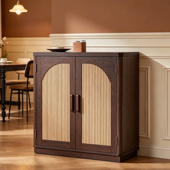 Buffet Cabinet with Storage, 31.5" Tall Wooden Arched Sideboard Cabinet with/Adjustable Shelf, Fluted Accent Cabinet for Dining Room, Kitchen