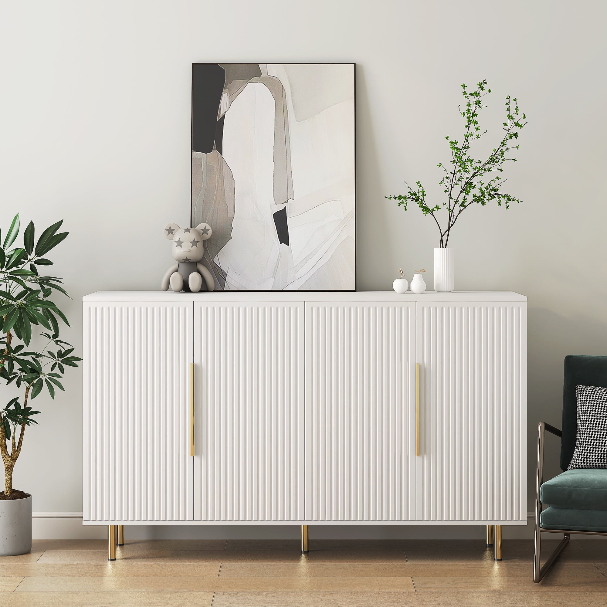 Buffet Cabinet with Storage, Fluted Sideboard Large Buffet with Adjustable Shelves, Credenza, Accent Cabinet Console Table