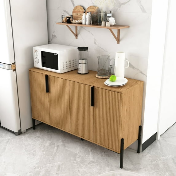 BOCVKENN Fluted Accent Cabinet, Kitchen Sideboard Buffet Cabinet with 4 Fluted Doors,Natural