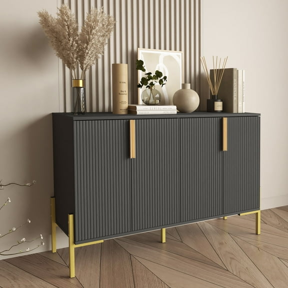 BOCVKENN Fluted Accent Cabinet, Kitchen Sideboard Buffet Cabinet with 4 Fluted Doors,Black