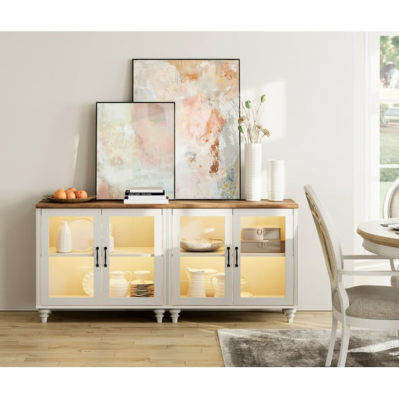 Buffet Cabinet with Storage, Kitchen Sideboard with Glass Door & Adjustable Shelf, Modern Glass Entryway Table or Living Room Dining Room, Off White