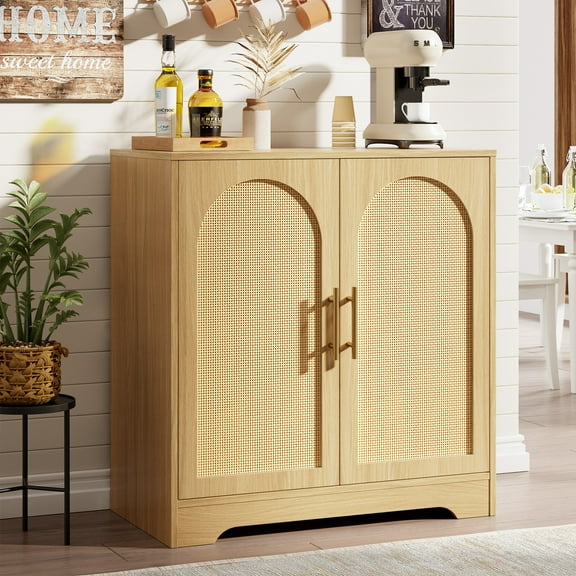 Buffet Cabinet with Storage, Rattan Storage Cabinet with Doors, Modern Accent Sideboard with Sturdy Wood Feet, for Living Room, Dining Room, Entryway