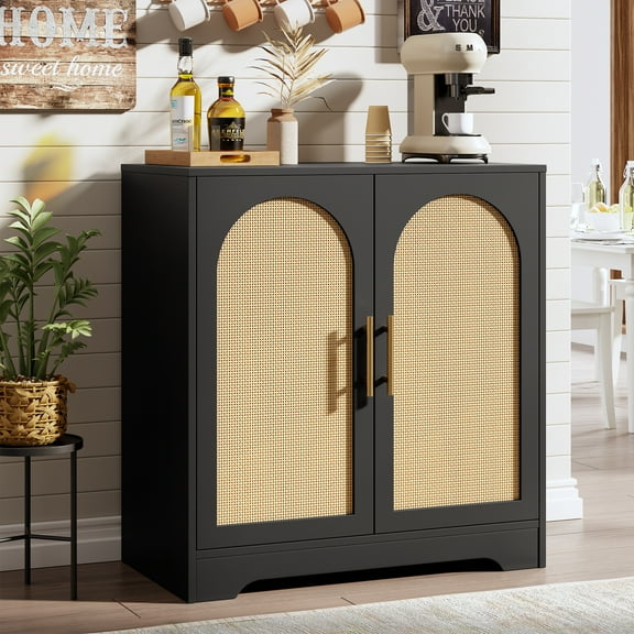 Buffet Cabinet with Storage, Rattan Storage Cabinet with Doors, Modern Accent Sideboard with Sturdy Wood Feet, for Living Room, Dining Room, Entryway