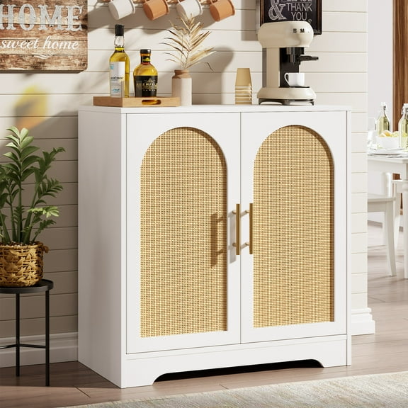 Buffet Cabinet with Storage, Rattan Storage Cabinet with Doors, Modern Accent Sideboard with Sturdy Wood Feet, for Living Room, Dining Room, Entryway