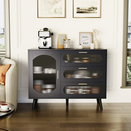 Buffet Cabinet with Storage, Sideboard Cabinet with Fluted Glass Door and Drawers, Black Sideboard for Kitchen, Dining Room, Living Room