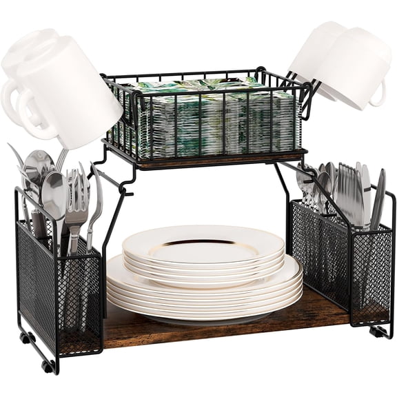 Buffet Caddy, 2 Tier Countertop Paper Plate Organizer with Silverware Holder Mugs Hook Napkin Basket