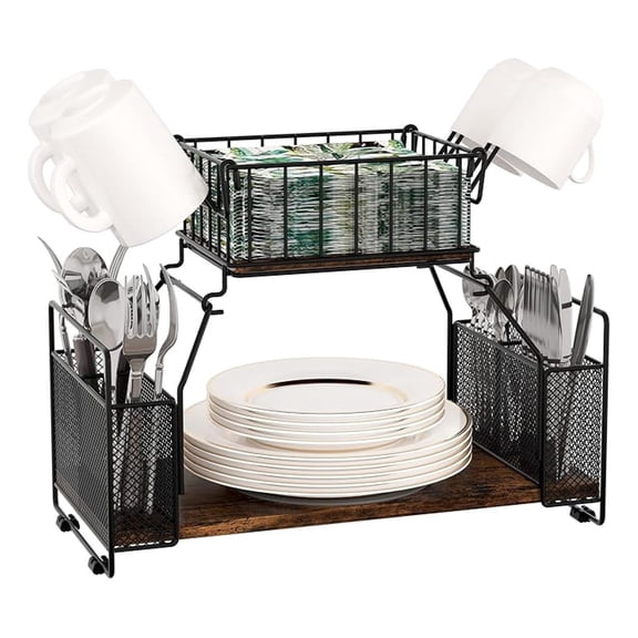 Buffet Caddy 2 Tier - Paper Plate Organizer with Silverware Holder & Napkin Basket, Serving for Catering, Thanksgiving, Black