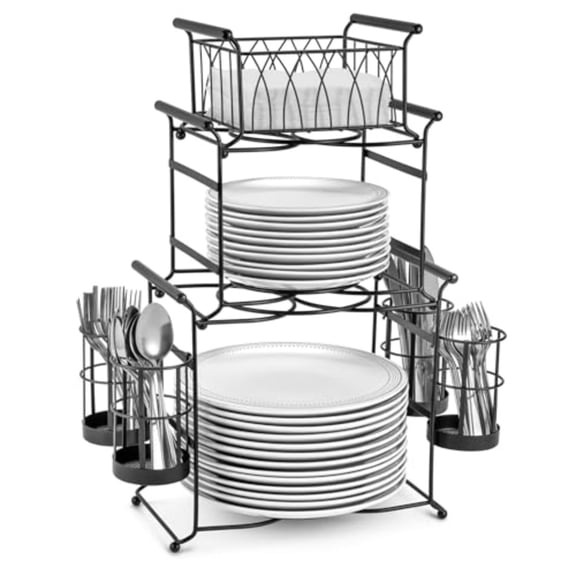 Buffet Caddy 7-Piece Stackable Set Includes Plate Napkin and Silverware Holder 3-Tier Detachable Tabletop Organizer Ideal for Kitchen Dining Entertaining Parties Thanksgiving Black